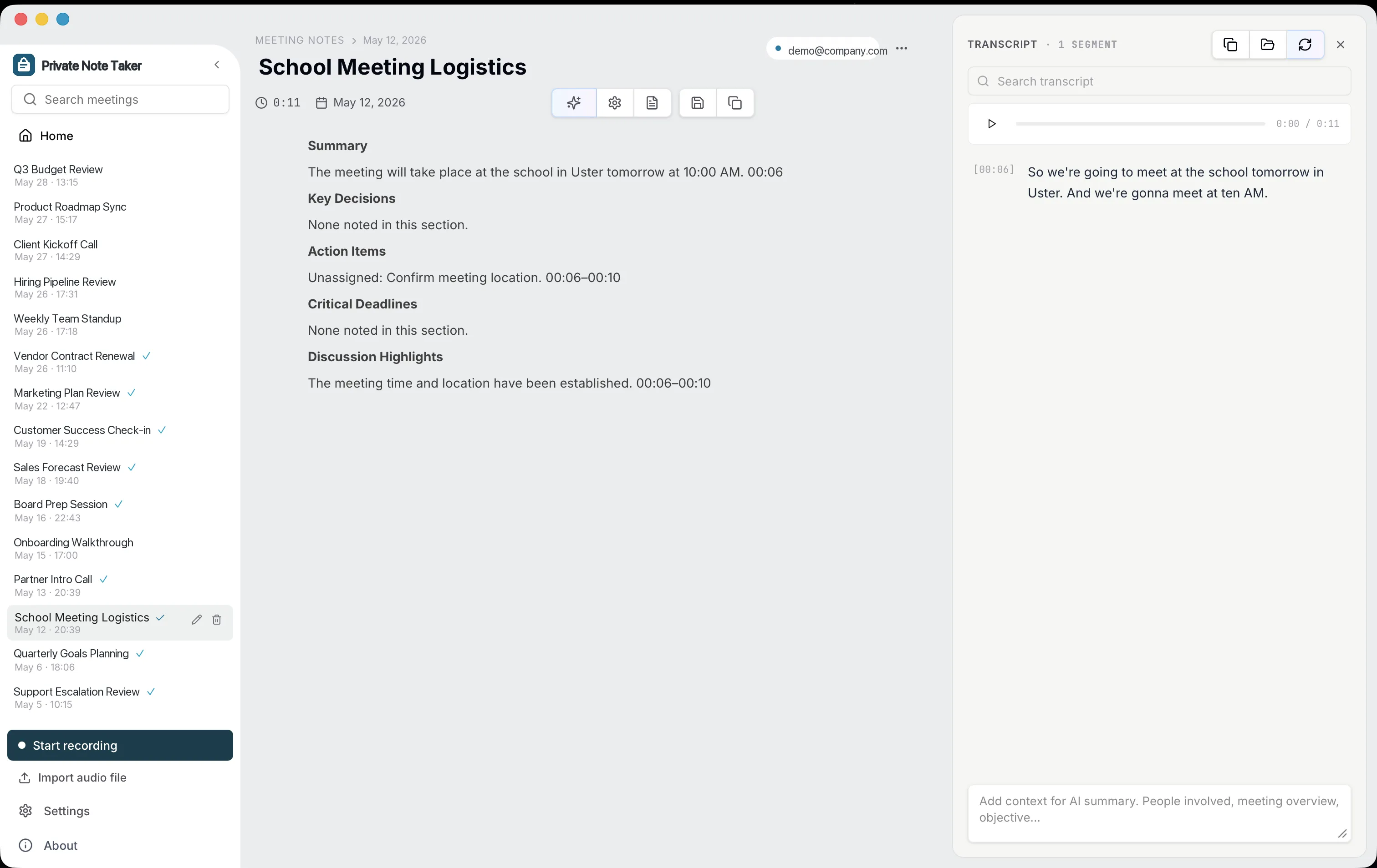 Private Note Taker app showing a meeting summary with key decisions, action items, and the full transcript