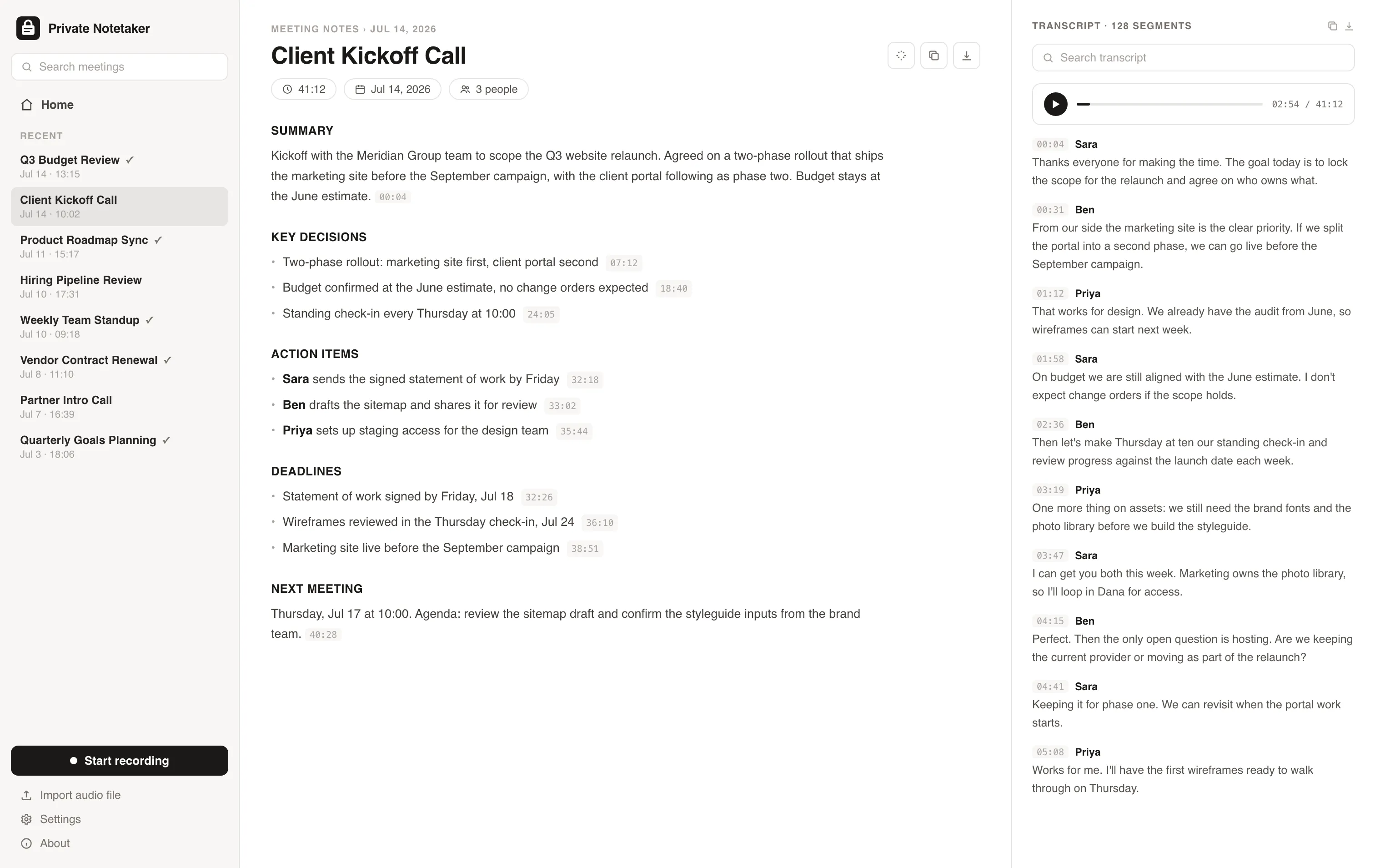Private Notetaker showing a meeting summary with key decisions, action items, and the full transcript