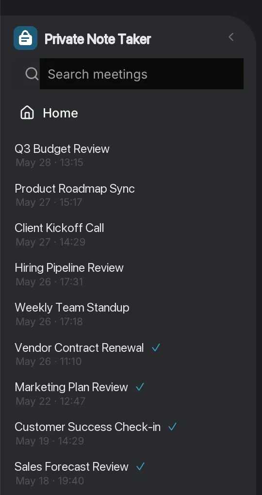 Private Note Taker dark mode with searchable meeting history