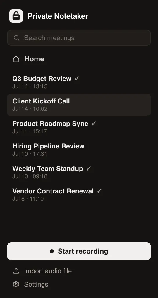 Private Notetaker dark mode with searchable meeting history