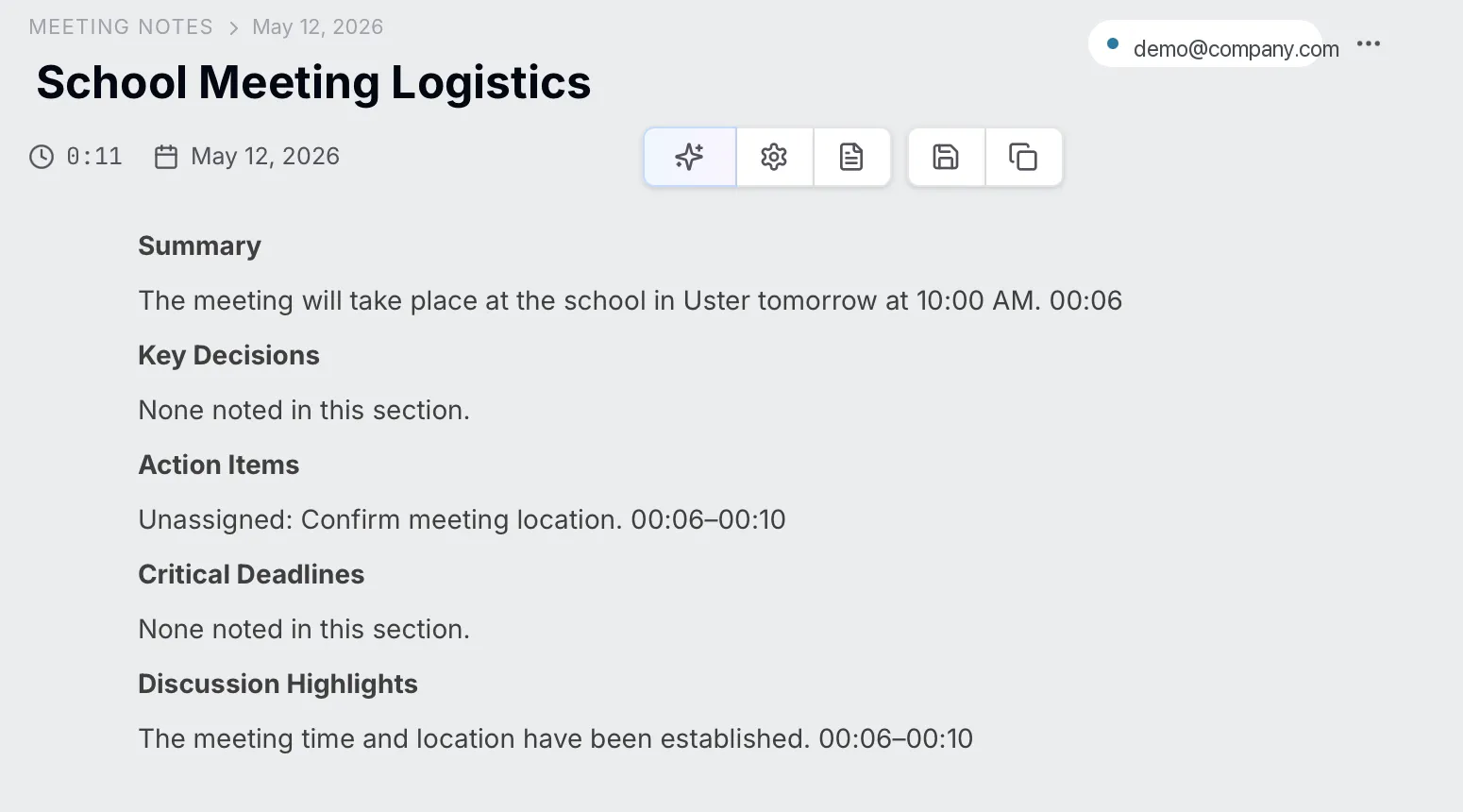 Structured meeting notes with summary, key decisions, action items, and deadlines