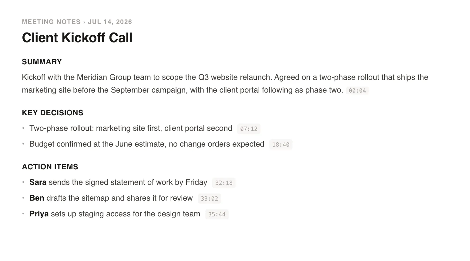 Structured meeting notes with summary, key decisions, action items, and deadlines